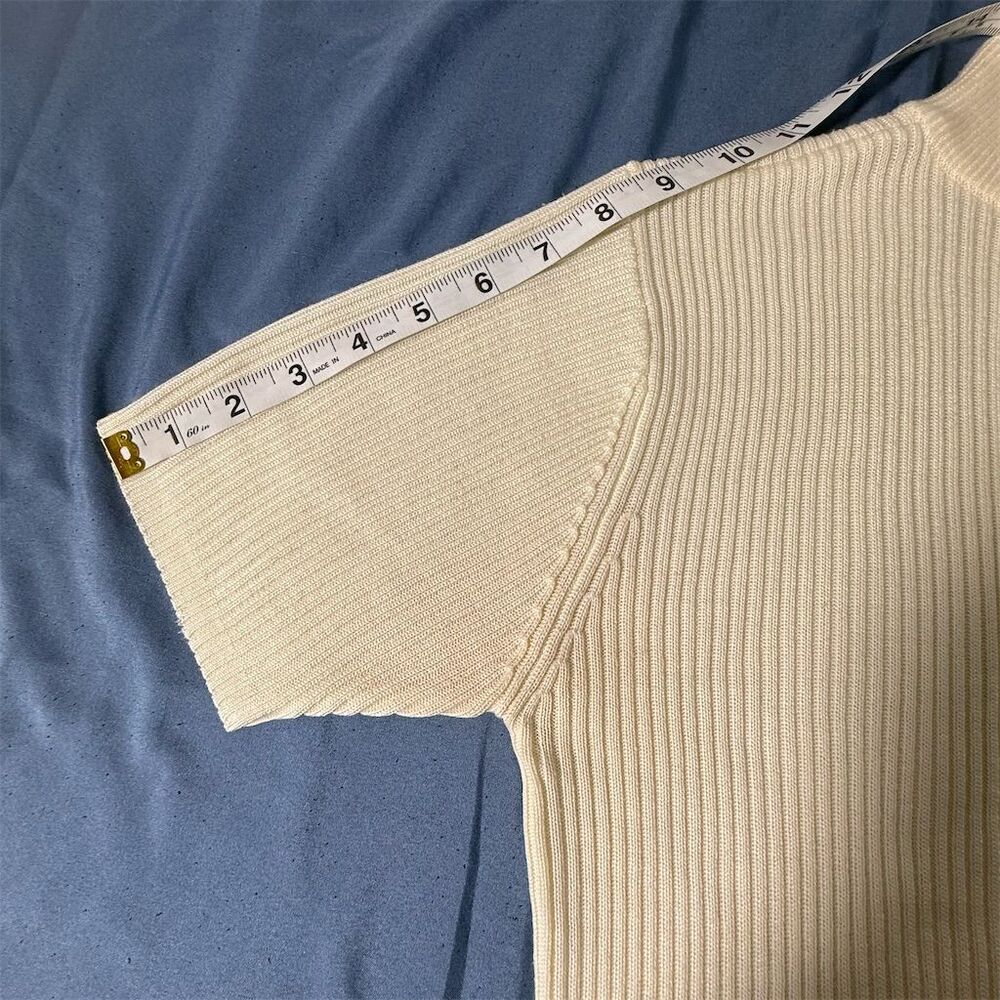 Parisian Works Petite Mock Neck Ribbed Short Sleeve Sweater Cream White PS - Picture 2 of 6